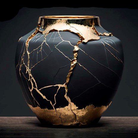 voor een donkere achtergrond staat op een donkere plank een zwarte vaas gedecoreerd met kintsugi en bladgoud